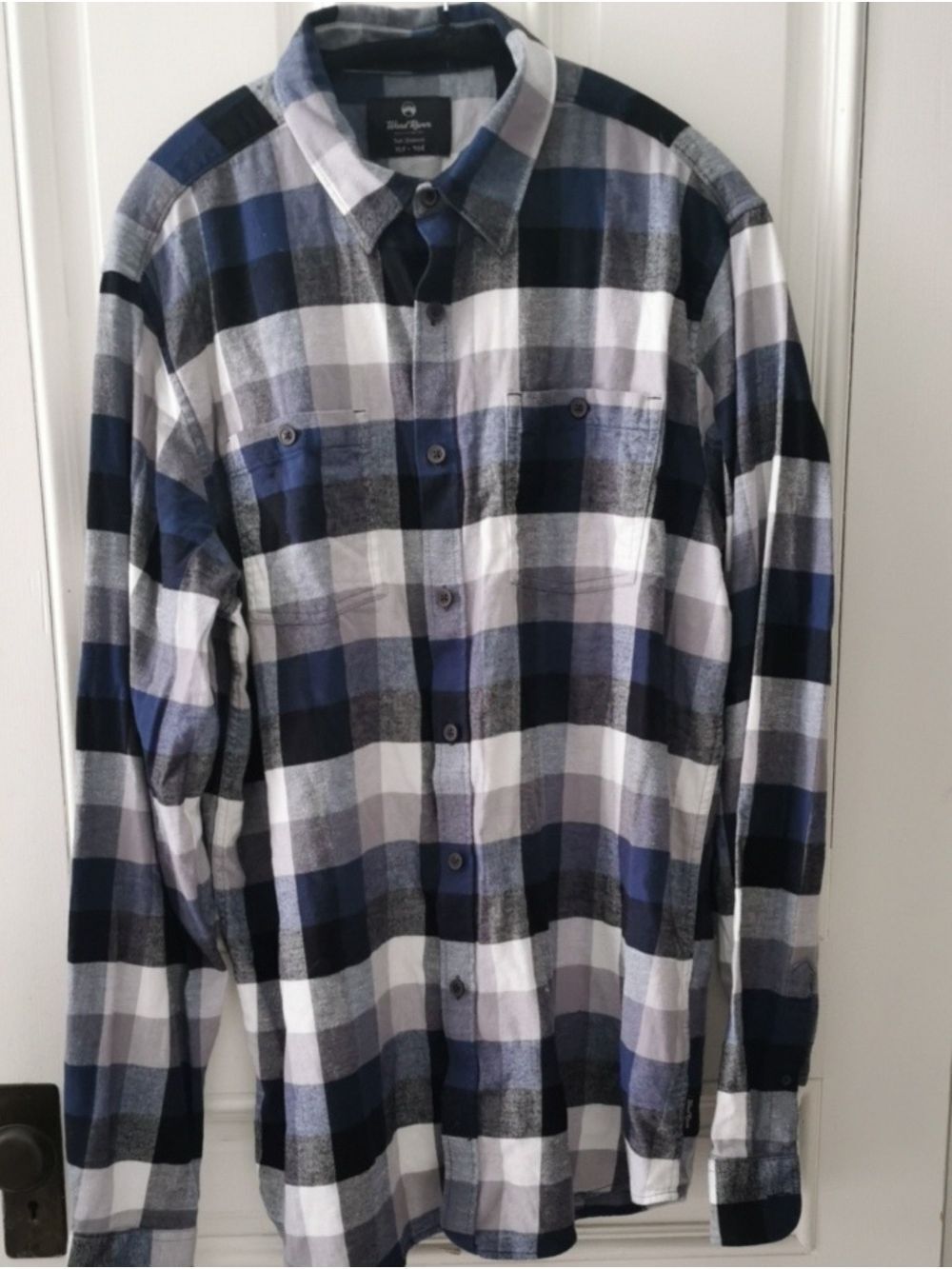 Mens WindRiver Blue Plaid Long-Sleeve Cabin Flannel Stretch Shirt. Size XL Tall